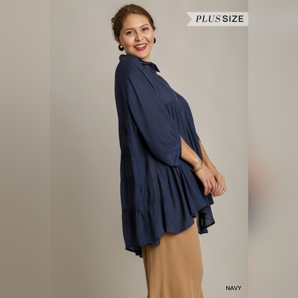 LAST ONE! NWT Umgee Navy Blue 3/4 Sleeve  Button Down Oversize  Tunic Top - Picture 3 of 4